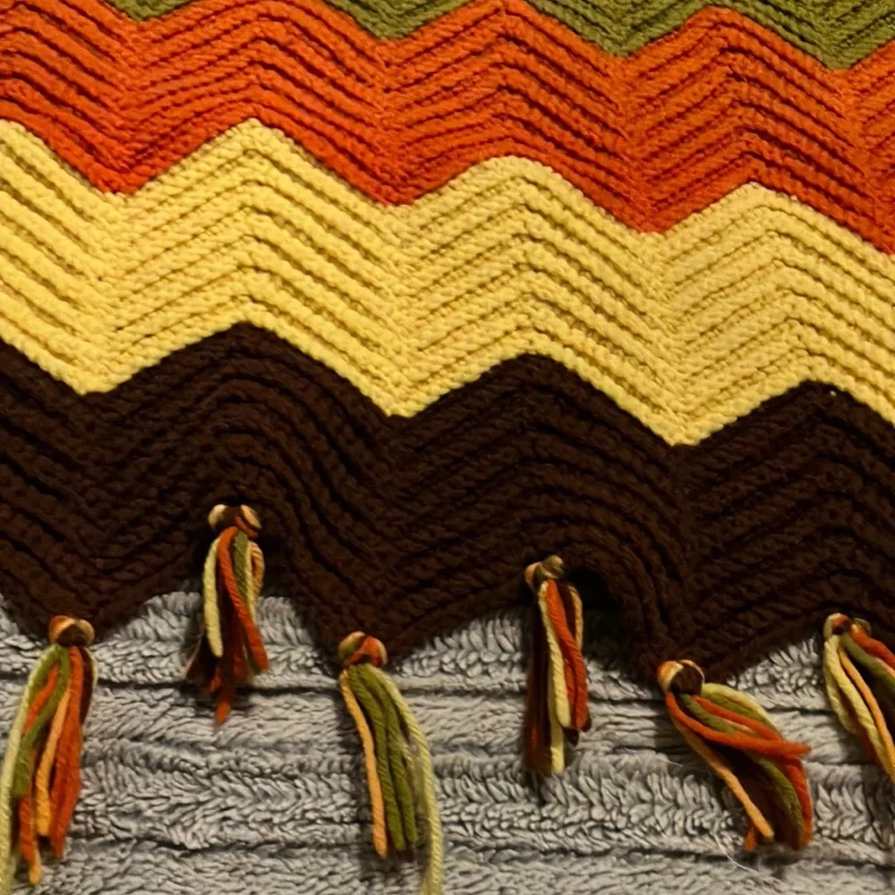 Hand Crafted Crochet Afghan Chevron Throw Blanket Brown Yellow ‎ Orange Green